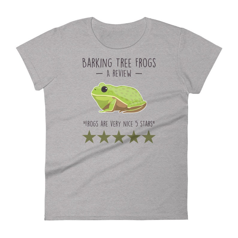 May include: A gray t-shirt with a green tree frog illustration and the text "Barking Tree Frogs - A Review - "Frogs are very nice 5 stars" with five gold stars.