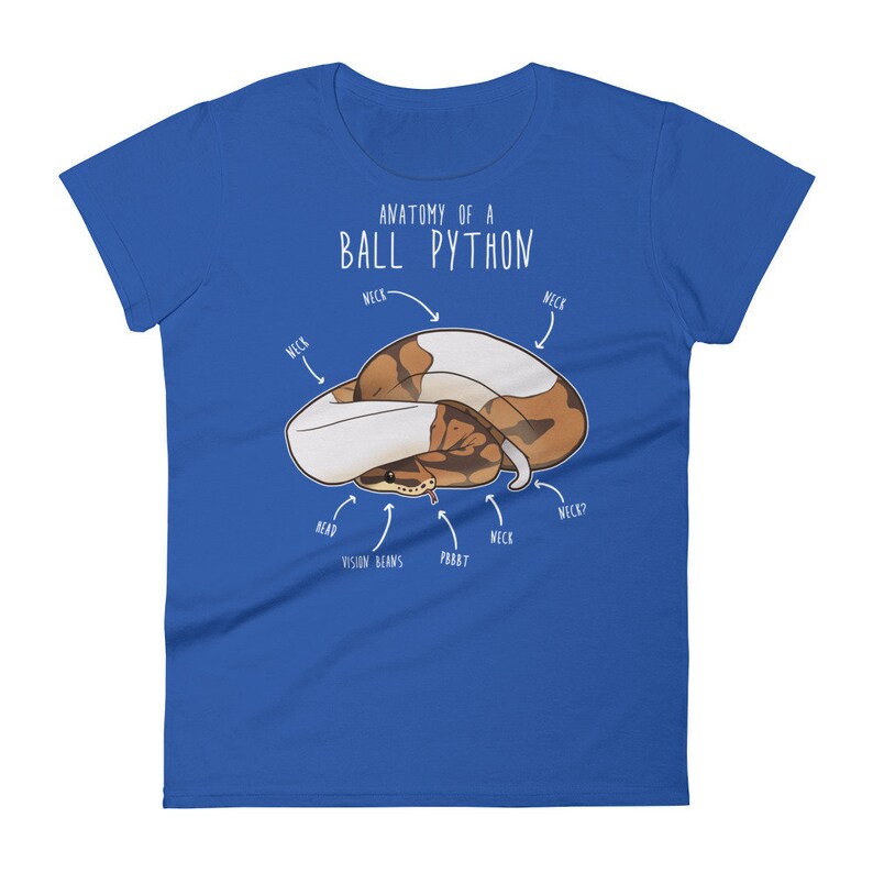Pu&ograve; includere: Una t-shirt blu reale con un'illustrazione bianca di un pitone palla arrotolato. L'illustrazione &egrave; etichettata con il testo "Anatomia di un pitone palla" e include etichette per il collo, la testa, i fagioli della vista e il pbbbt del serpente.