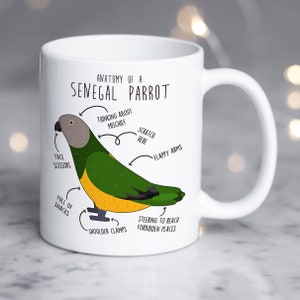 May include: White ceramic mug with a green, yellow, and gray Senegal parrot illustration. The mug features a humorous anatomical diagram of the parrot with labels like "Thinking About Mischief", "Scratch Here", "Flappy Arms", "Full of Snacks", and "Steering to Reach Forbidden Places".