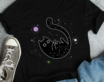 Genderqueer Pride Shirt, Pride Flag Gift, LGBT T-shirt Gay Pride Tee LGBTQ Transgender Nonbinary Trans Non Binary Space Galaxy Cat Black Cat