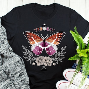 Lesbian Pride Shirt, Women, Lesbian Flag Pride Gift, LGBT T-shirt, Gay Pride Month Festival, Sapphic, Subtle Butterfly Celestial Moon Phases