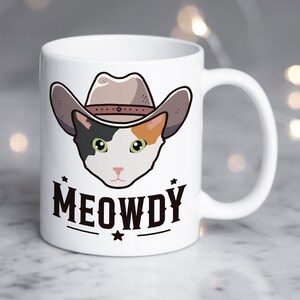 Taza de café con maullidos de gato calicó, regalo divertido para amantes de los gatos vaqueros, linda taza de café con maullidos, regalo para ella, para él, para mamá gata mascota, para papá, meme del oeste de Texas