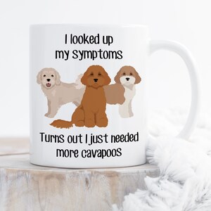 Puede incluir: Taza de cerámica blanca con un dicho divertido sobre cavapoos. El texto dice "Busqué mis síntomas Resulta que solo necesitaba más cavapoos". La taza presenta una ilustración de dibujos animados de tres cavapoos.