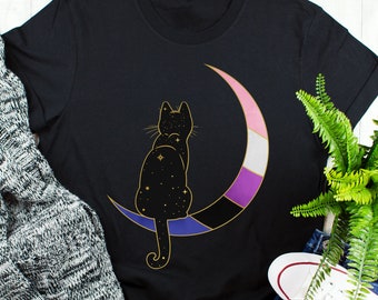 Maglietta Genderfluid Pride, regalo per l'orgoglio non binario, maglietta LGBT, maglietta con bandiera Gender Fluid, LGBTQ, transgender trans, gatto lunare spaziale, gatto nero