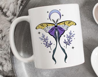 Nonbinary Pride Coffee Mug, Non-Binary Flag Pride Gift, LGBT, Gay Pride, Enby, Transgender, Trans, Subtle, Luna Moth Cottagecore Celestial