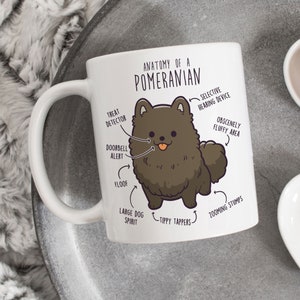 May include: White ceramic mug featuring a brown cartoon Pomeranian dog illustration. The illustration includes text labels for various parts of the dog, such as "Treat Detector", "Doorbell Alert", "Floof", "Large Dog Spirit", "Tippy Tappers", "Zooming Stumps", "Obscenely Fluffy Area", and "Selective Hearing Device".