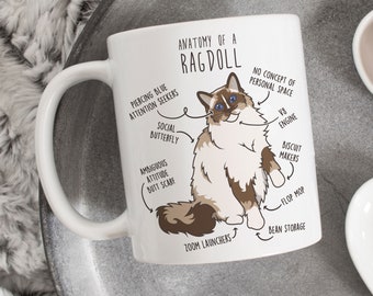 May include: White ceramic mug with a cartoon illustration of a Ragdoll cat. The cat has blue eyes and a brown and white coat. The illustration is labeled with humorous anatomical features, such as "piercing blue attention seekers", "social butterfly", "zoom launchers", and "bean storage".