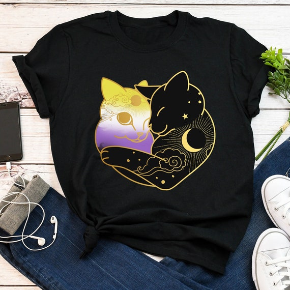 Nonbinary Pride Shirt, Non Binary Pride Gift, LGBT T-shirt, Enby Flag, LGBTQ, Transgender, Pride Festival, Trans, Subtle, Moon Heart Cat