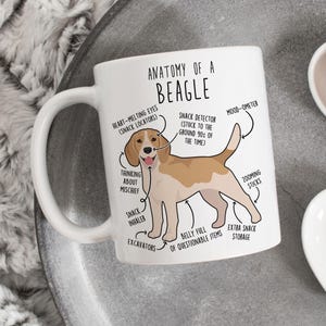 Könnte beinhalten: Weiße Keramik-Tasse mit einer Beagle-Anatomie-Diagramm, einschließlich Beschriftungen wie "Snack-Detektor" und "Herzerweichende Augen". Die Tasse hat einen großen Henkel und steht auf einem silbernen Tablett. Text: "Anatomie eines Beagles."