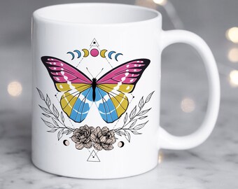 Pansexual Pride Coffee Mug, Pan Flag Gift, LGBT Mug, Gay Pride Month Festival, LGBTQIA, Subtle, Discreet Butterfly Celestial
