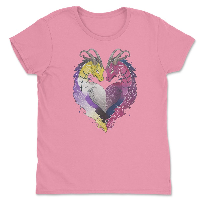 a pink t - shirt with two birds in the shape of a heart