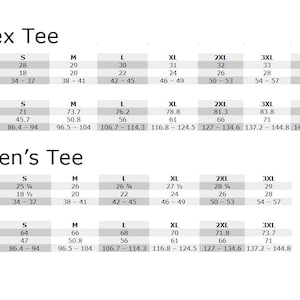 May include: A size chart for unisex and women's t-shirts. The chart shows the shirt length and width in inches and centimeters, as well as the chest measurement in inches and centimeters. The chart includes sizes from S to 5XL.