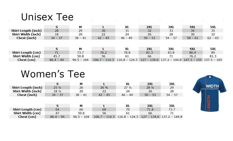 May include: A size chart for unisex and women's t-shirts. The chart shows the shirt length and width in inches and centimeters, as well as the chest measurement in inches and centimeters. The chart includes sizes from S to 5XL.