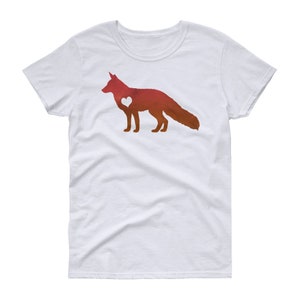 May include: A white t-shirt with a red and orange watercolor fox silhouette with a white heart in the center of the fox.