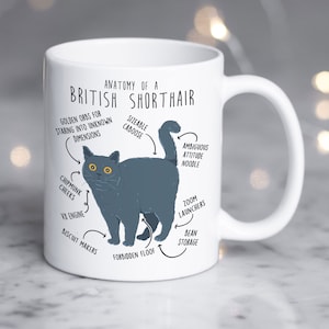 Puede incluir: Taza de cerámica blanca con una ilustración de un gato British Shorthair azul y el texto "Anatomy of a British Shorthair". El cuerpo del gato está etiquetado con características anatómicas humorísticas, como "Sizeable Caboose", "Forbidden Floof" y "Zoom Launchers".