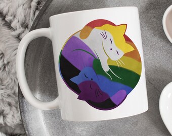 Nonbinary Rainbow Pride Coffee Mug, Non-Binary Flag Pride Gift, LGBT, Gay Pride, Enby, Transgender, Trans, Subtle, Yin Yang Cat