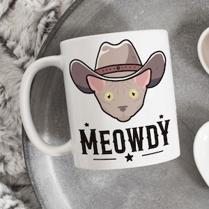 Taza de café Minskin Cat Meowdy, divertido regalo para amantes de los gatos vaqueros, linda taza de café Howdy, regalo para ella, él, mascota, gato, mamá, papá, esfinge occidental sin pelo