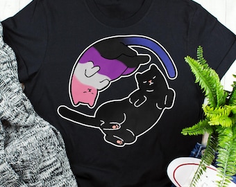 Maglietta Genderfluid Pride, regalo per l'orgoglio non binario, maglietta LGBT, maglietta con bandiera Gender Fluid, LGBTQ, transgender trans, gatto Yin Yang, gatto nero