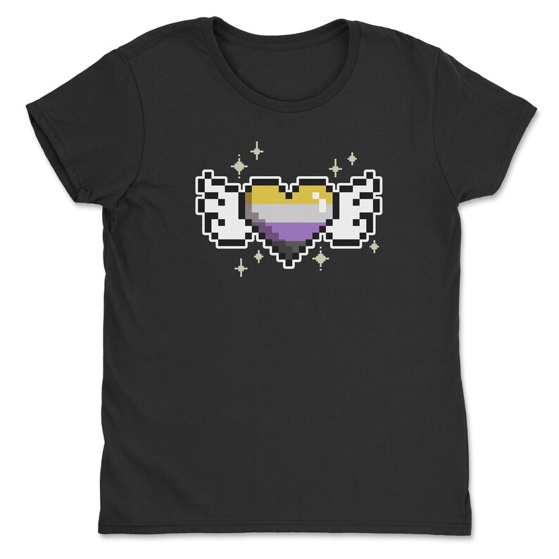 a black t - shirt with a pixel heart and stars