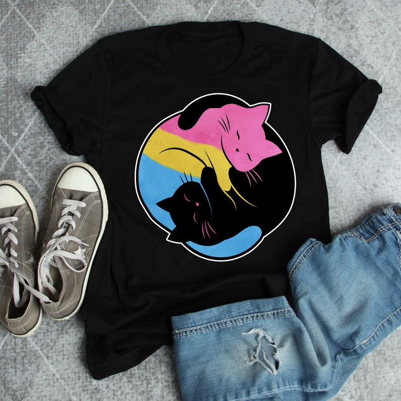 Pansexual Pride Shirt, Women Men, Pan Pride Flag Gift, LGBT T-shirt, Gay Pride Month Festival Tee, Clothing, Yin Yang Cat, Subtle image 1