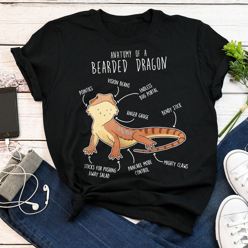 Op de afbeelding: Zwart T-shirt met een witte illustratie van een baardagame. De illustratie is voorzien van humoristische anatomische termen zoals "vision beans", "anger gauge" en "pancake mode control".