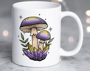 Nonbinary Pride Coffee Mug, Non-Binary Flag Pride Gift, LGBT, Gay Pride Enby Transgender Trans Mushroom Cottagecore Cottage Core Psychedelic