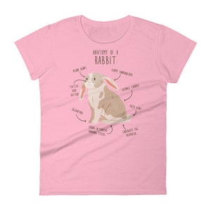 May include: A pink t-shirt featuring a cartoon illustration of a rabbit with the text "Anatomy of a Rabbit". The illustration shows various parts of the rabbit labelled with humorous names, such as "Vision Beans", "Twitchy Boop Button", "Floppy Soundhelders", "Sizeable Caboose", "Spring-Activated Rimming Sticks", and "Chocolate Egg Dispenser".