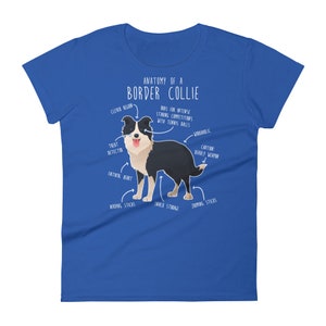 May include: A blue t-shirt featuring a cartoon illustration of a black and white Border Collie dog. The illustration is labelled with humorous anatomical features, such as "Treat Detector", "Snack Storage", and "Zoomies Sticks". The text "Anatomy of a Border Collie" is at the top of the illustration.