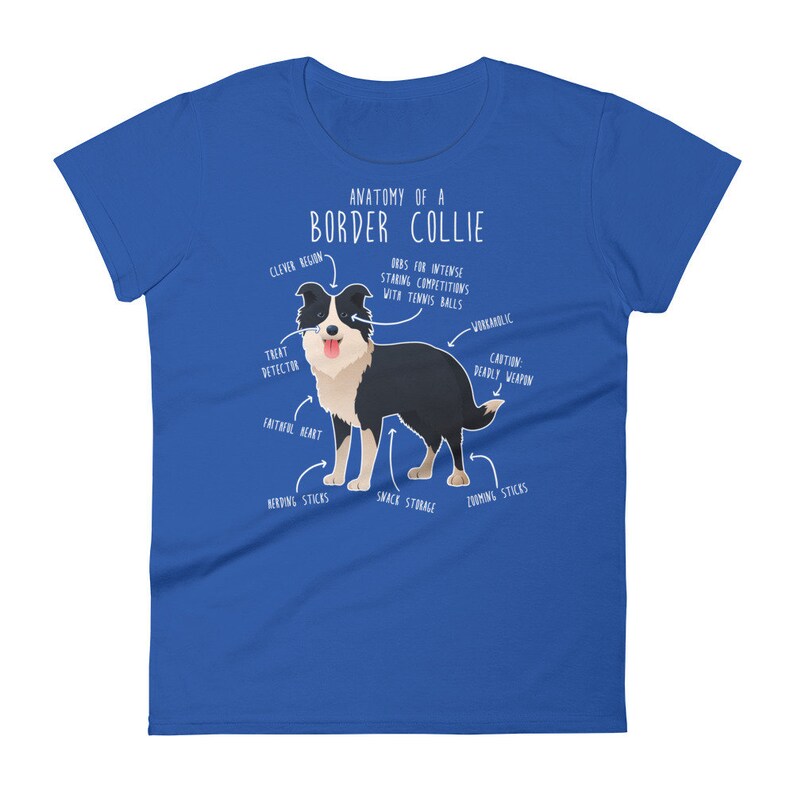 May include: A blue t-shirt featuring a cartoon illustration of a black and white Border Collie dog. The illustration is labelled with humorous anatomical features, such as "Treat Detector", "Snack Storage", and "Zoomies Sticks". The text "Anatomy of a Border Collie" is at the top of the illustration.
