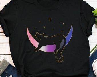 Maglietta Genderfluid Pride, regalo per l'orgoglio non binario, maglietta LGBT, maglietta con bandiera Gender Fluid, LGBTQ, transgender trans, gatto lunare spaziale, gatto nero