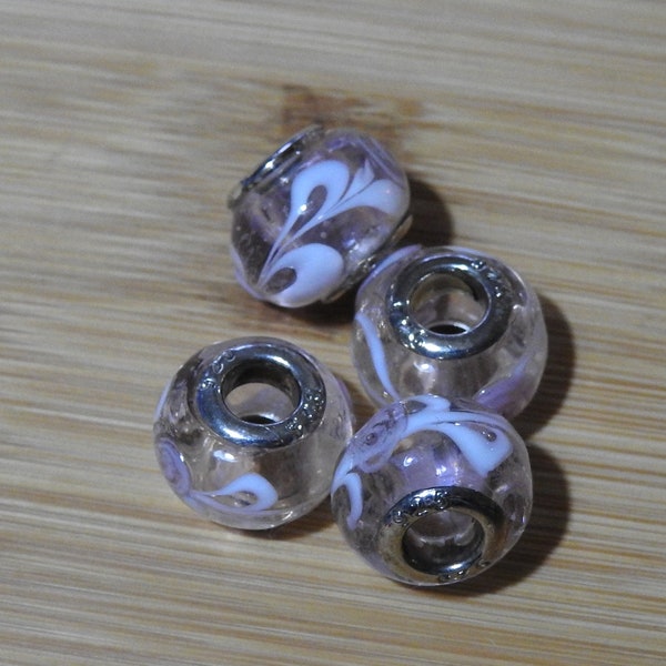 Perles européennes Lampwork en verre pour bracelet style Pandora - 11mm x 14mm avec trou 5mm - Rose pâle, motifs blancs