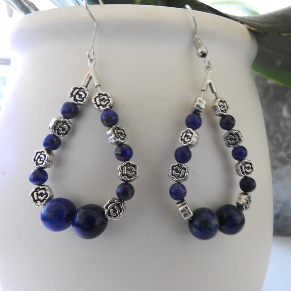 Boucles d'oreille bohéme, créole goutte en pierre semi précieuse- Lapis Lazuli - Crochet argent925 - Stoppeur silicone