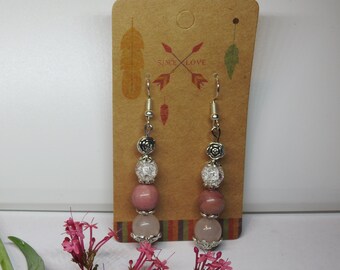 Boucles d'oreilles - Pierres semi-précieuses - Quartz rose, Rhodonite, Cristal de quartz - Crochet en argent 925