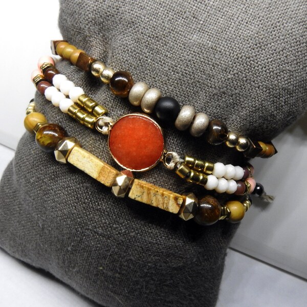 Bracelet multi-rangs, pierres semi-précieuse pour femme. Cornaline, Oeil du tigre, Jaspe, Cristal à facettes - Noeud coulissant