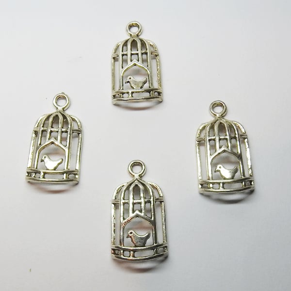 4 pendentif Oiseau en cage - Métal argenté - 25 x 12 mm - Fabrication de bijoux - Loisirs créatifs