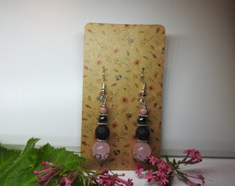 Boucles d'oreilles - Pierres semi-précieuses - Quartz rose, Pierre de lave, Hématite, Rhodonite, cristal de quartz - Crochet en argent 925