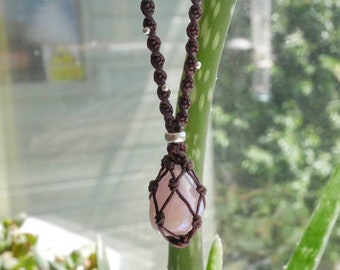 Rose Quartz Aura Necklace, Macrame Boho Jewelry, Crystal Necklace