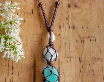 Amazonite Zambia and Aquamarine Crystal Necklace, Macrame Jewellery, Boho Necklace