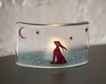 Moongazing Hare fused glass curve, T-light shade, home decor, cosy gift, nature lover, wildlife