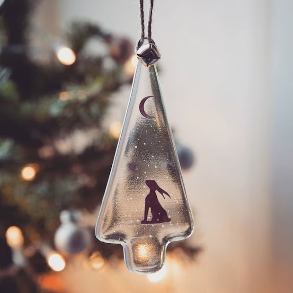 Moongazing Hare fused glass Christmas Tree Decoration, ornament, home decor, nature lover, woodland wildlife, british countryside