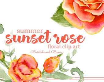 Summer Sunset Rose Watercolor Clip Art Set in Coral - BUNDLE basic license and bonus commercial license