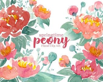 Springtime Peony Watercolor Clip Art Set in Coral and Teal