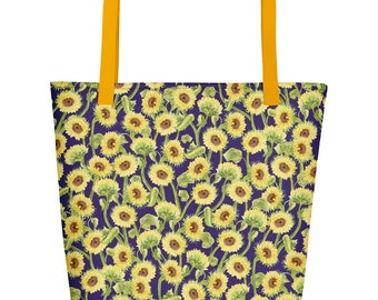 Kansas Sunflowers with Navy Background Beach Bag