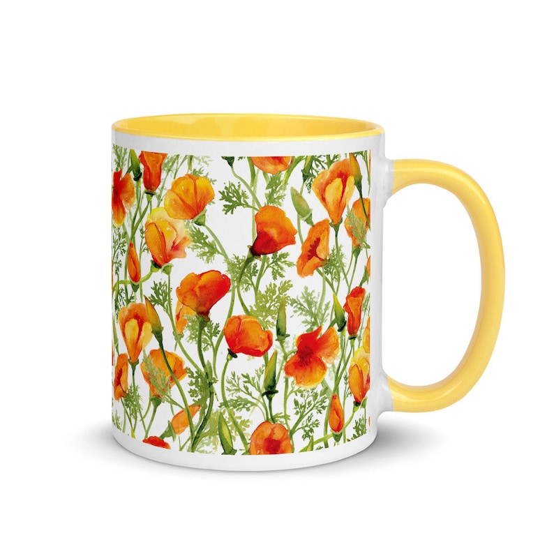 California Poppies Mug with Yellow Handle and Interior image 1