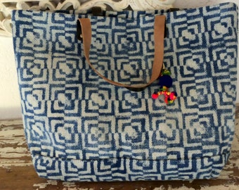 XXL Beach Bag Shopping Bag Indigo Rug with genuine leather Handles