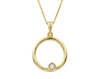 Gold Circle Diamond Pendant, Diamond Pendant, Circle Diamond Necklace, Diamond Circle Pendant, Anniversary Jewelry Gift, Gold Necklace Gift