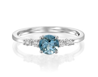 Anillo de aguamarina y diamantes, anillo de compromiso único, anillo de piedras preciosas azules, anillo de diamantes de oro macizo, alianzas de boda, joyería fina hecha a mano