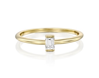 Baguette Cut Diamond Ring, Diamond Engagement Ring, Dainty Diamond Gold Ring, Solitaire Diamond Band, Anniversary Gift for Women, Gold Ring