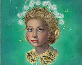 Print titled "Amelia".  Girl with Dandelions Painting, Girl with Flowers Wall Art, Little Gorl Wall Decor, Flowers Painting Flowers Girl