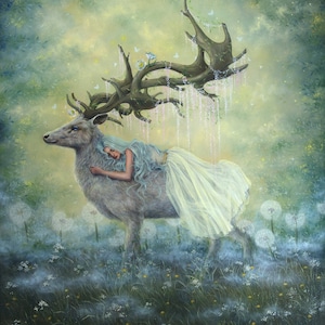 Print titled &quot;The Path&quot;. Fairytale Art Print, Whimsical Woodland Art, Nature Forest, Landscape Art, Goddess Art, Deer Painting, Fantasy Art